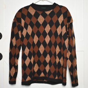 Vintage Austin Reed London diamond sweater black brown gold metallic size XL